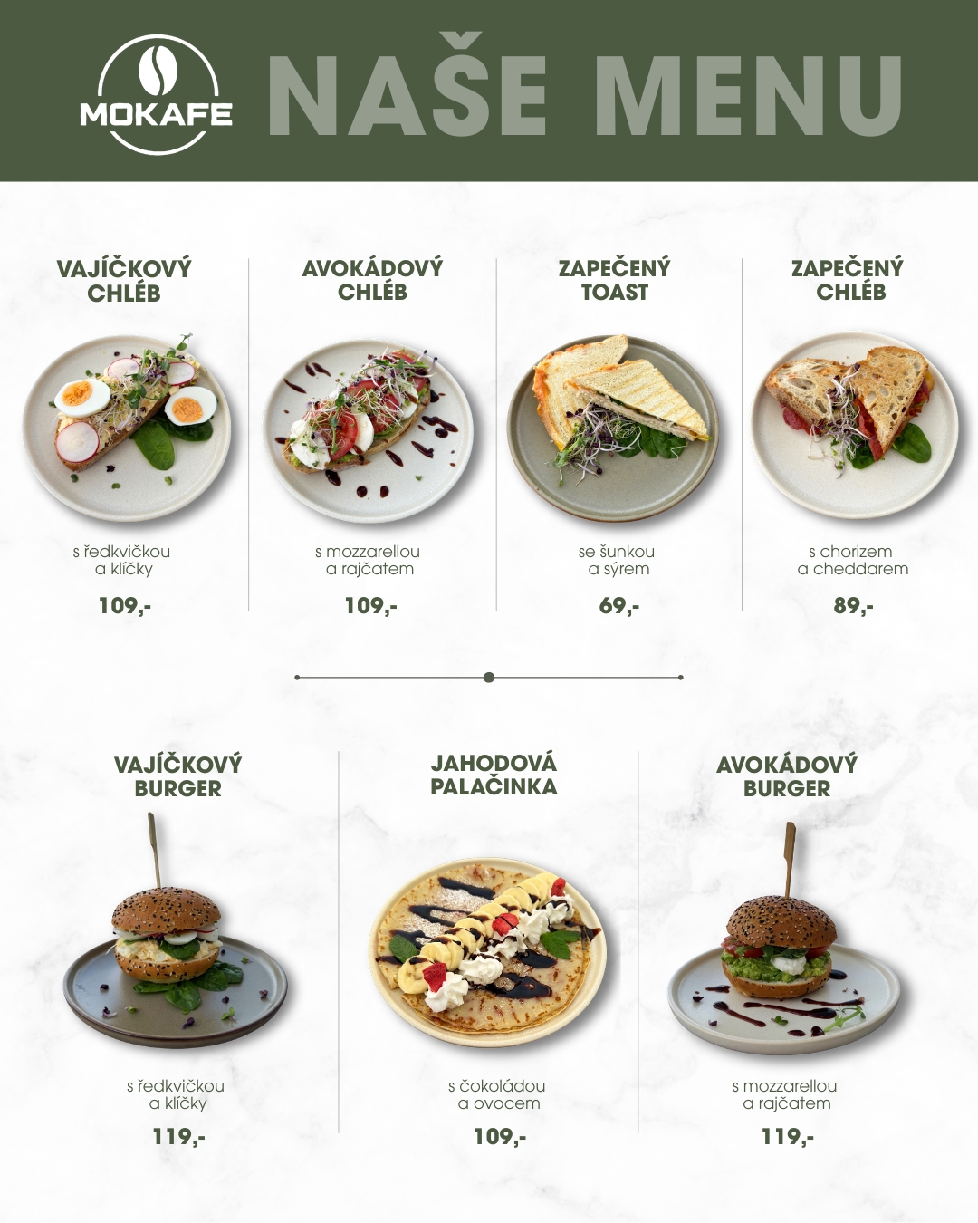Grafika menu kavárny Mokafe s nabídkou a cenami